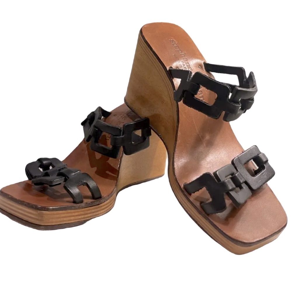 STEPHANE KELIAN ✨ leather Greek key woven wooden wedge sandals | sz 39